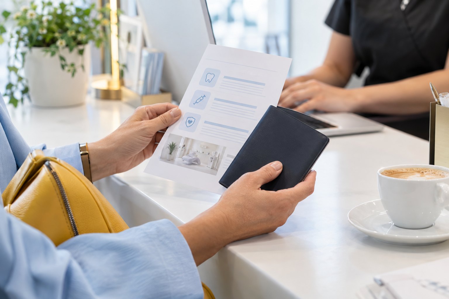 Hands holding a written treatment plan and a passport at a clinic desk
